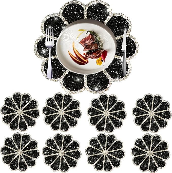 Washable Waterproof Diamond Circle Placemats for Round Tablescape Decor for Dinner and Kitchen Bling Placemats for Weddings & Special Events (Black)-8PCS