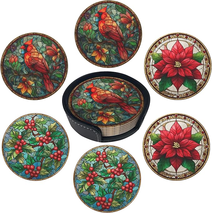 Christmas Bird Coasters Leather Round Drink Coasters 6 Pcs Set with Holderor for Cup Drink Coffee Table Bar Home Decor