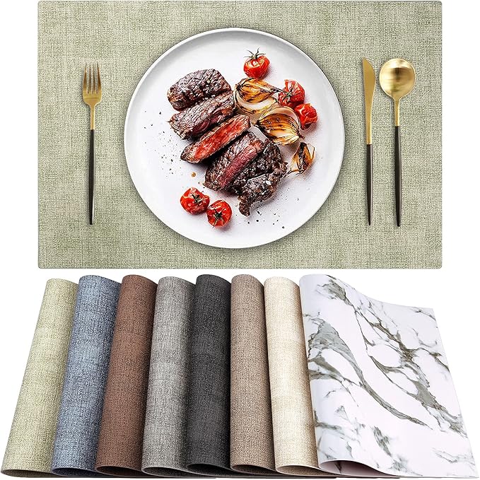 Leather Heat Resistant Placemats Set of 6 Waterproof Wipeable Washable PU Table Mats,Easy to Clean Anti-Slip Place Mats (Light Green, 6)