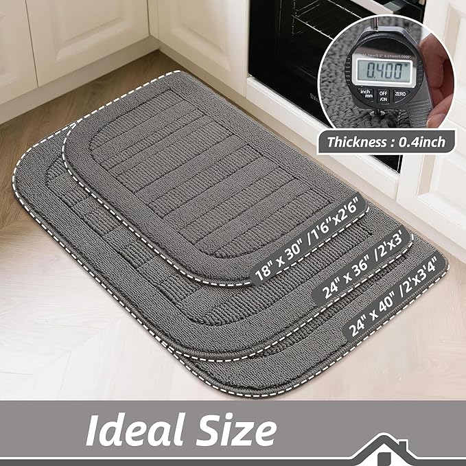 BEQHAUSE 30x18 Inch Kitchen Rug Mat Durable Kitchen Rugs Non-Slip Washable Absorbent Kitchen Mats for Floor Dirt-Resistant Semicircular Kitchen Mat (Grey, 2PCS)