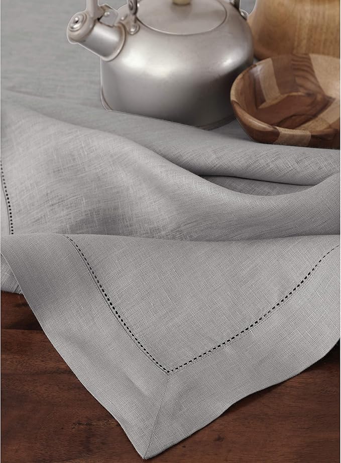 Solino Home Linen Tablecloth 60 x 108 Inch - Classic Hemstitch 100% Pure Linen Soft Grey Table Cloth for Rectangle Tables - Machine Washable Tablecloth for Winter, Spring, Easter