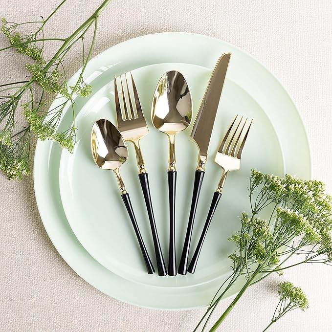 PlasticPro 20 Count Gold and Black Plastic Tea Spoons Premium Quality Heavy Duty Disposable Elegant Silverware Two Tone Tea Spoons for Party