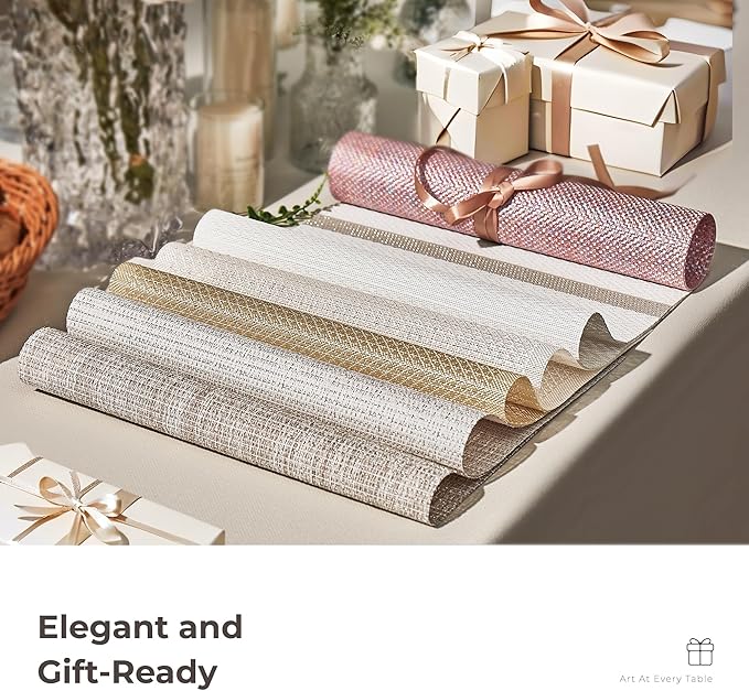 Leetaltree Luxury White and Silver Woven Placemats Set of 12 - Waterproof Washable Textured Table Mats for Wedding, Anniversary, Daily Use - Sparkling Metallic Thread Table Decor - Hand-Cut