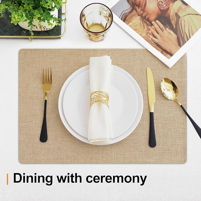 Homaxy Cloths Placemats for Dining Table Set of 6, Heat Resistant Washable Cotton Linen Blend Table Mats, Easy to Clean Place Mats for Indoor Outdoor Party Kitchen Decoration, 13" x 19", Flaxen