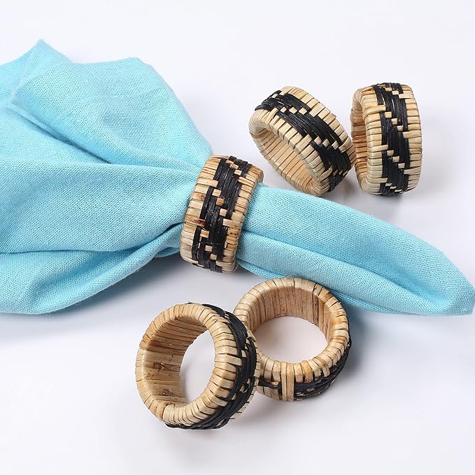 ALPHA Living HOME 12-Pack Black Natural Rattan Napkin Rings – Elegant Woven Serviette Holders for Weddings, Parties & Everyday Dining Decor