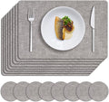 MOSAYT Placemats Set of 8, Heat Resistant Vinyl Place Mats with Coasters, Wipeable Washable 100% Waterproof Oil Proof Faux Leather Table Mats for Kitchen Dining Party Outdoor, 12" x 17", Light Grey