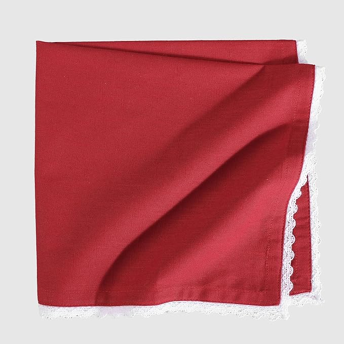 FINGERCRAFT Dinner Cloth Napkin Cotton Blend 4 Pack Vintage Rustic Premium Quality Mitered Corners Napkin Cloth with Elegant Lace for Everyday Use, Pre Shrunk and Good Absorbency 20x20 in Tango Red