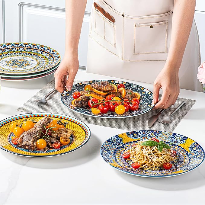 HENXFEN LEAD Dinner Plates Set of 6-10.5 Inch Large Ceramic Plates, Colorful Serving Dishes for Kitchen & Restaurant, Dishware, Microwave & Oven safe - Bohemian Style