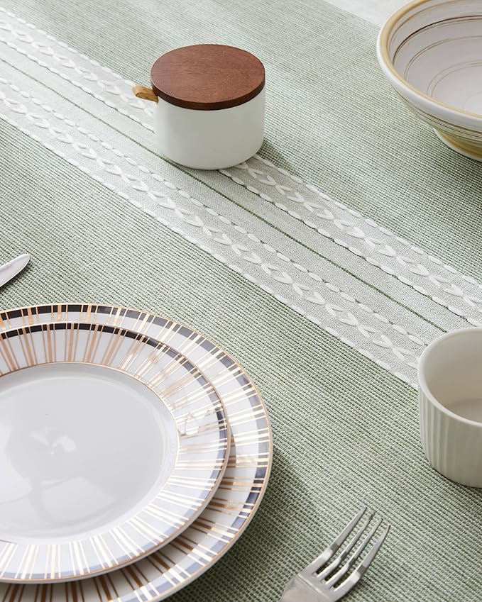ZeeMart Contrast Linen Table Cloth Rectangle Table Cloths 52x70 Inch Mid-Stripe Green, Farmhouse Style Heavy Weight Sage Green Tablecloth, Water Resistant Burlap Tablecloths