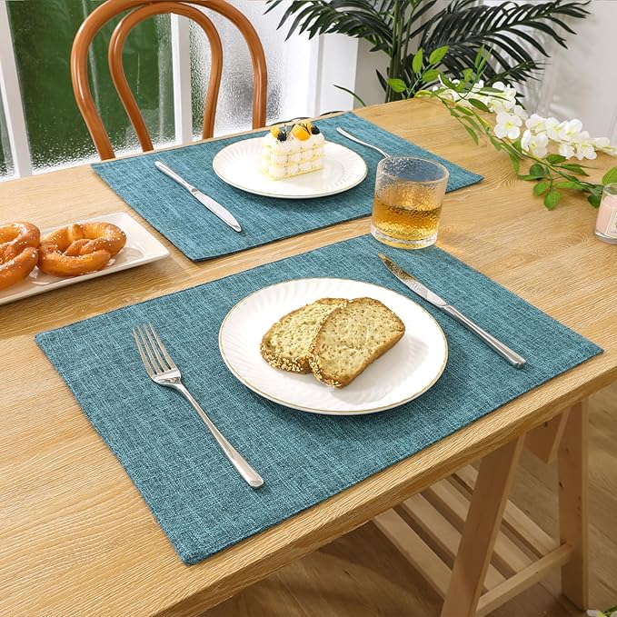 SHACOS Fabric Placemats Set of 4 Non Slip Machine Washable Heat Resistant Cloth Table Mats Soft Polyester Place Mats for Kitchen Dining Table, Dark Teal