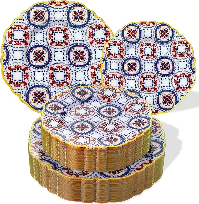 Morejoy 60pcs Plastic Disposable Plates Set - White Plastic Plates Featuring Classic Blue & Red Kaleidoscope Patterns With Gradient Gold Trim.10.25 Dinner Plates & 7.5 Dessert Plates for Wedding,Party