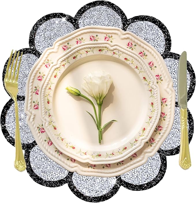 Washable Waterproof Diamond Circle Placemats for Round Tablescape Decor for Dinner and Kitchen Bling Placemats for Weddings & Special Events -8PCS (Silver and Black)