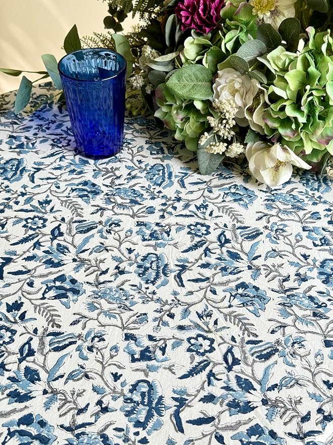 ATOSII Jodhpur Blue 100% Cotton Round Tablecloth, Handblock Print Floral Table Cloth for Kitchen Dining Linen I Parties, Weddings, Outdoors, Christmas I Fall Home Decor 72" Inches Round