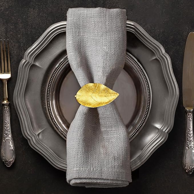 Decozen Set of 8 Gold Napkin Rings in Leaf Design, Festive, Table Decor Setting for Holiday, Wedding, Birthday, Kitchen, Home Decor, Housewarming Gift - Mothers Day Decorations