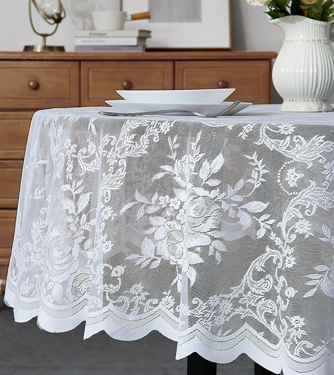 Warm Home Designs 60 Inch Round Tablecloth with English Rose Design. Use as Circle Tablecloth, Rustic Tablecloth or as Elegant Lace Table Cloth. White Table Clothes for 6 Guests. LTC White 60"