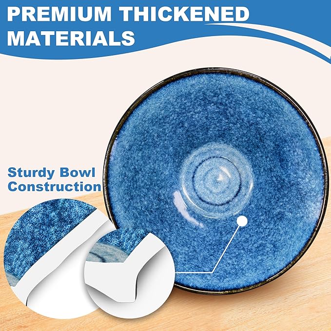 8-Inch 2 Sets Ceramic Ramen Bowl (8 Piece) - Japanese Porcelain Dishwasher Microwave Safe Salad Noodles Cereal Pasta Soup Large Bowls with Chopsticks Forks Spoons for Men Women Housewarming Gift