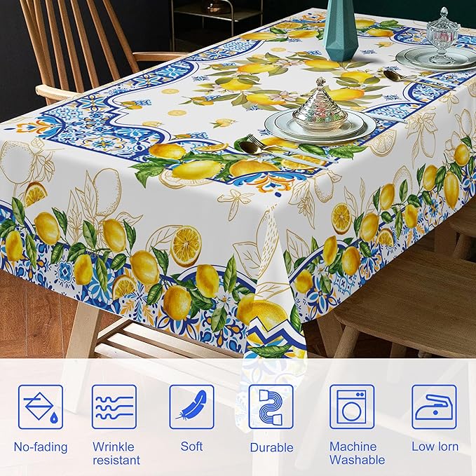 Lemon Tablecloth 60 x 120 Inch Rectangle, Yellow and Blue Mediterranean Summer Decor Tile Flower Pattern Table Cloth Italian Themed Decor for Party Oblong Table Cover for Dining Room