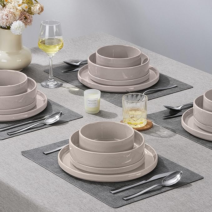 Herogo 16 Piece Plates and Bowls Set, Ceramic Dinnerware Sets with Pasta Bowls, Kitchen Dinner Ware Dishes Service for 4, Chip & Scratch Resistant Dishware, Speckled Coffee Brown