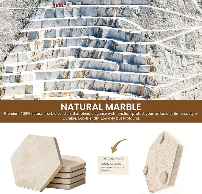Natural Marble Coasters, Hexagonal Costers, Luxury Aesthetic Modern Decor for Coffee Table Bar Kitchen Home, Travertine Marble, Real Natural Semi Absorbent Stone Coasters