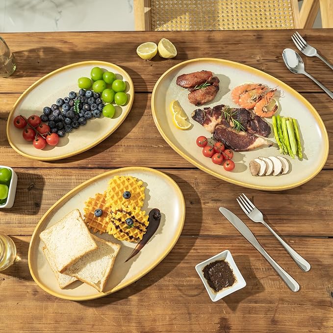 Ceramic Large Serving Platters- Set of 3 Oval Platters for Entertaining. Kitchen Dishes for Dinner, Fruit, Salad, Turkey, etc. Oven, Dishwasher Safe, 15.75"/13.75"/12",Reactive Glaze Cappuccino