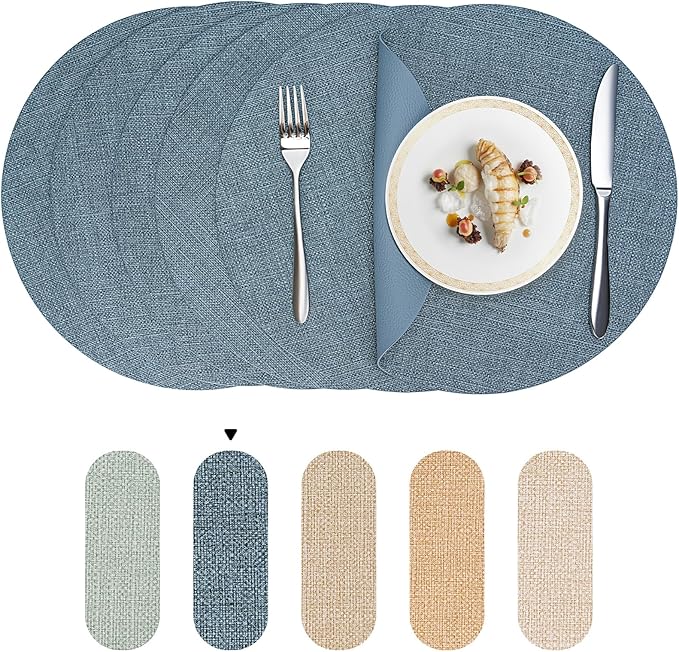 Round Wipeable Placemats Set of 4 – Faux Leather Round Table Mats, Waterproof & Washable Vinyl Placemats, Circle Design for Dining Table Decor– Charcoal Blue