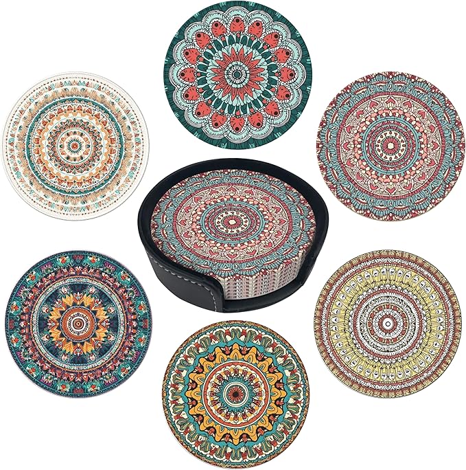Mandala Pattern Coasters Leather Round Drink Coasters 6 Pcs Set with Holderor for Cup Drink Coffee Table Bar Home Decor