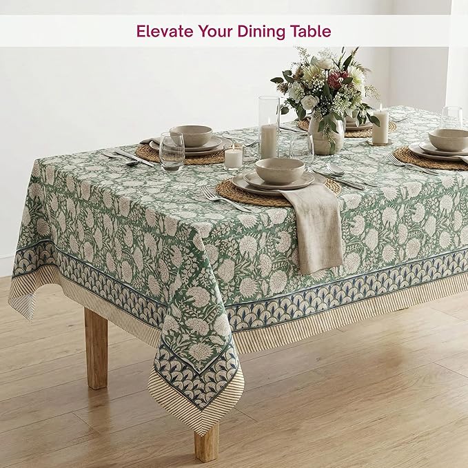 ATOSII Jade 100% Cotton Rectangle Boho Fall Tablecloth, Handblock Floral Table Cloth Linen for Kitchen Dining I Parties Wedding Outdoors Christmas Thanksgiving I 72 X 140 Inches I 12 Seater