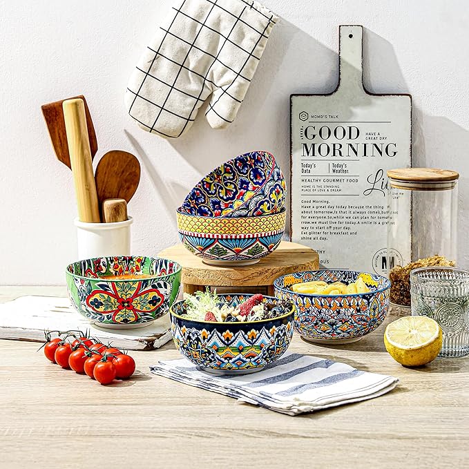 HENXFEN LEAD Boho Cereal Bowls Set of 6, 28 oz Ceramic Soup Bowls – Colorful Bowls for Salad, Oatmeal, Ramen, Rice and Pasta, Microwave & Dishwasher Safe