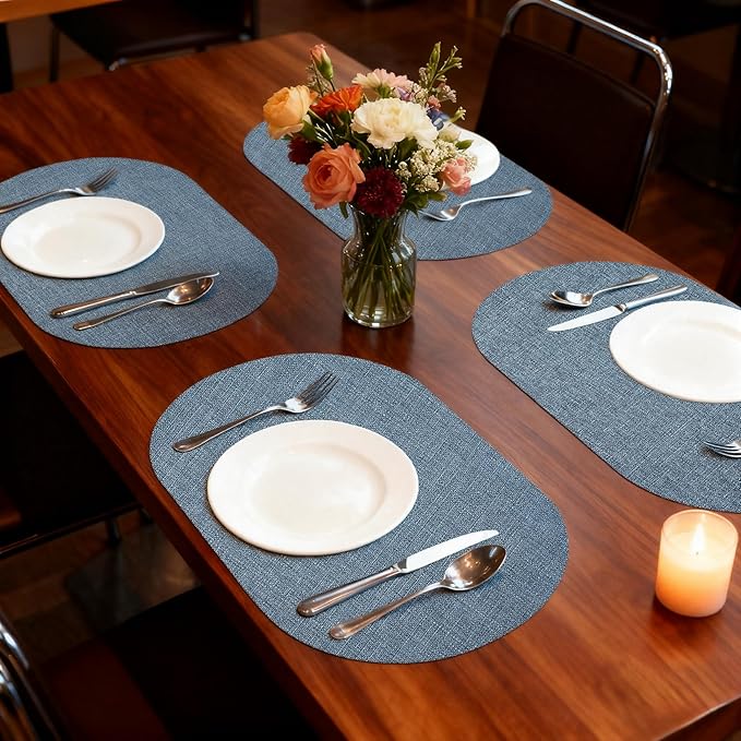 Oval Placemats for Dining Table Set of 4, Washable Leather Table Mats, Waterproof Heat-Resistant Non-Slip Kitchen Placemats, Simple Style Oval Design