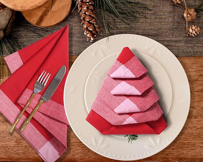 Bedding Craft Christmas Cloth Napkins Set of 12 – 20x20 Red Cotton with Double Hemstitch – Soft, Durable & Washable Table Napkins for Farmhouse Décor, Thanksgiving, Holiday Parties & Everyday Use