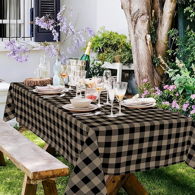misaya Rectangle Waterproof Vinyl Table Cloth, Buffalo Flannel Backed Tablecloth, Wipeable Plastic Table Cover for Dinner, Kitchen, Outdoor (60" x 120", Black and Khaki)