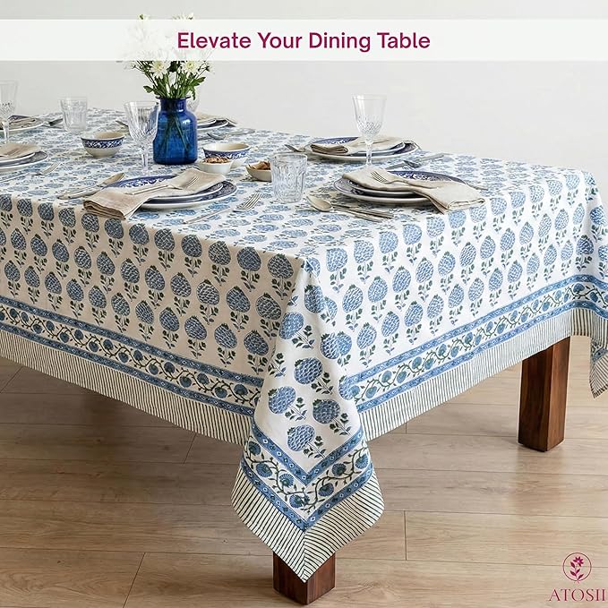 ATOSII Roma Blue 100% Cotton Rectangle Fall Tablecloth, Handblock Floral Print Linen Table Cloth for Kitchen Dining I Parties Outdoors Weddings Holidays I 72 X 140 Inches I 12 Seater
