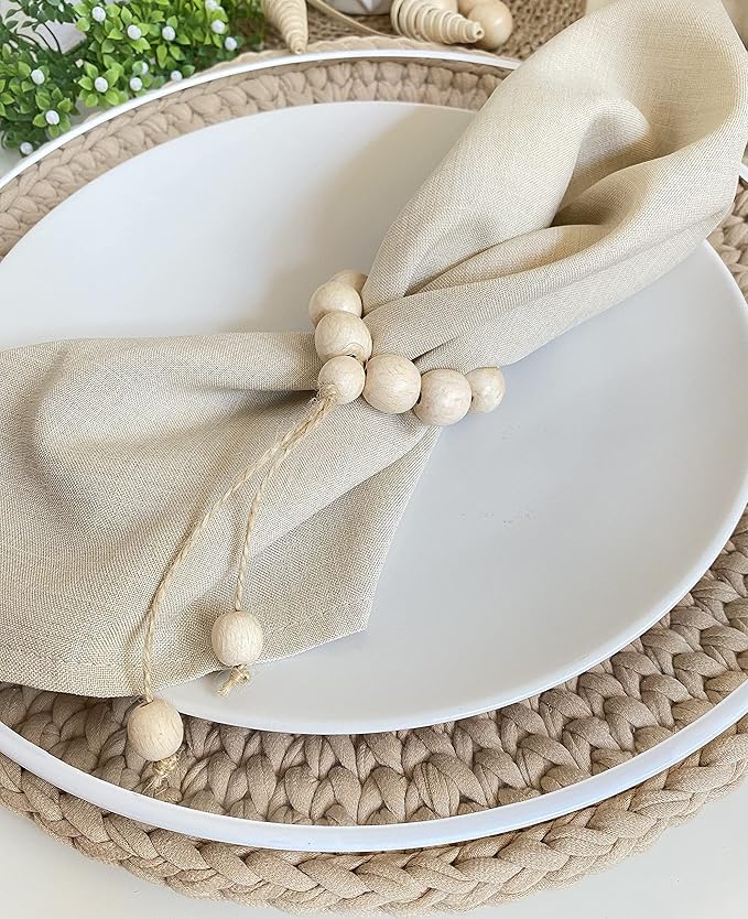 Handmade Napkin Ring with Wood Beads & Jute Twine - Affordable Rustic Wooden Napkin Ring Holder for Table Decoration | Boho Style Farmhouse Napkin Rings | Napkin Rings Set of 6