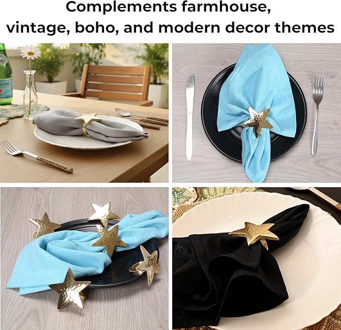 ALPHA Living HOME Napkin Rings Set of 12, Star Napkin Holders, Rustic Napkin Rings, Premium Metal Napkin Ring Bulk for Party Decoration, Dinning Table, Everyday, Family Gatherings (Gold)