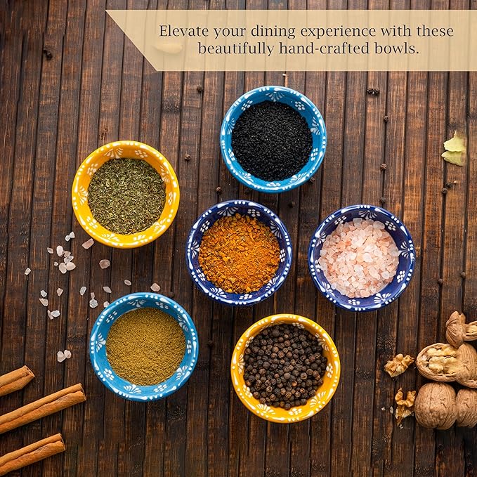 Ceramic Small Dipping Bowls Set of 6, 3.5 Oz Soy Sauce Dish, Handmade Charcuterie, Colorful Pinch, Dishwasher & Microwave Safe, 3.2'' Mini (NAZAR CHARM)
