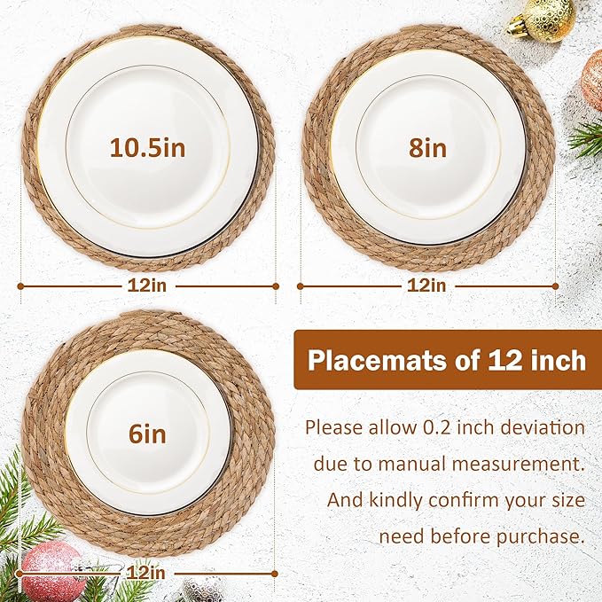 GENMOUS Woven Placemats Set of 10,12" Round Placemats Natural Water Hyacinth Boho Placemats,Farmhouse Rattan Chargers for Dinner Plates,Rustic Braided Wicker Table Mats for Dining Table,Home,Wedding