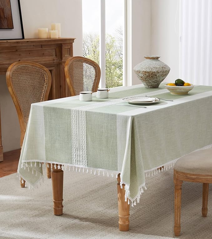 ZeeMart Contrast Linen Table Cloth Square Table Cloths 52x52 Inch Mid-Stripe Green, Farmhouse Style Heavy Weight Sage Green Tablecloth, Water Resistant Burlap Tablecloths
