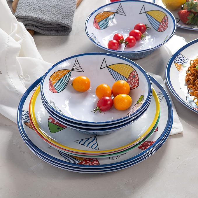 Melamine Dinnerware set for 4, Plates and Bowls Sets, Great for Camper, RV, Indoors Outdoors Use with Ocean Printed, Unbreakable