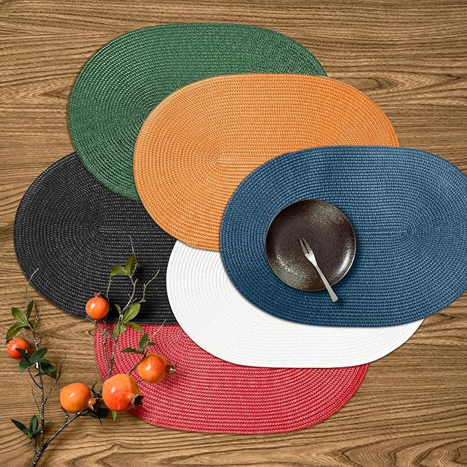FunWheat Oval Braided Placemats Set of 6 Table Mats for Dining Tables Woven Washable Non-Slip Shining Place mats12x18 Inch Table mats for Indoor Outdoor Use((Oval White, 6pcs)