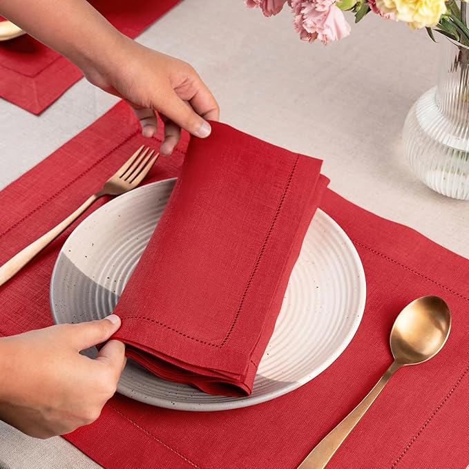 D'Moksha Homes Bright Red Linen Napkins Set of 4 - Classic Hemstitch 100% Pure Linen Hemstitch Dinner Napkins 20 x 20 Inch for Valentines, Spring, Easter - Handcrafted and Machine Washable