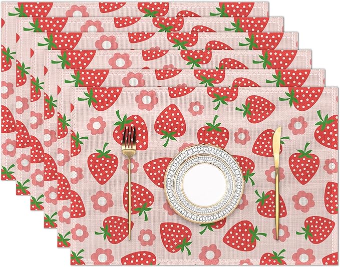 Placemats Set of 6,Strawberry Fruit Linen Place Mats,Modern Washable Strawberries Pink Table Placemats 12"x18" Heat Resistant Table Mats for Dining Kitchen Party Holiday Decoration