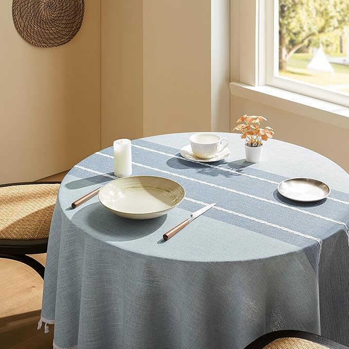 ZeeMart Contrast Linen Round Tablecloth 52 Inch Blue, Farmhouse Style Round Table Cloth Heavy Weight Dusty Blue Tablecloths, Water Resistant Burlap Table Cloths