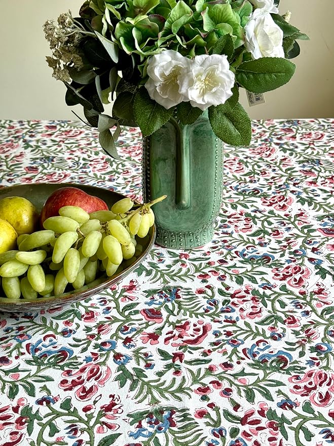 ATOSII Ambrosia 100% Cotton Rectangle Boho Spring Summer Tablecloth, Handblock Floral Table Cloth Linen for Kitchen Dining I Parties Wedding Outdoors Easter I 72 X 120 Inches I 10 Seater