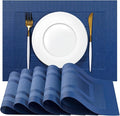 Placemats Set of 12 - Easy Clean Woven Vinyl Placemats for Dining Table, Indoor/Outdoor Place Mats, Washable PVC Table Mats（Navy Cube）