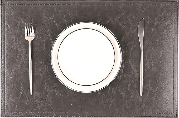 Waterproof PU Placemats, Faux Leather Dinging Table Mat, Set of 6, Easy to Wipe Off Scrub Vinyl Mat, Heat & Stain Resistant for Office Conference Table, Home Decor G Graphite Grey