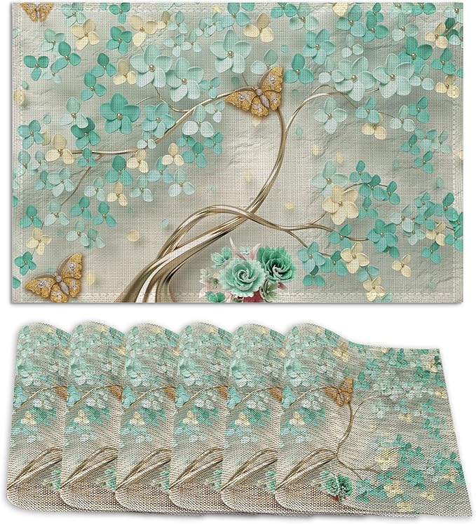 Golden Butterfly and Green Flowers Place Mats Set of 6, Table Mats,Heat Insulation Non Slip Washable Dining Placemats for Wedding Holiday Party Kitchen Decor 12X18 in
