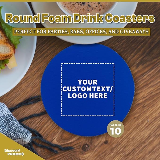 50 Round Foam Bud Coasters Pack, 4 inch - Customizable Text, Logo - PU Foam, Party Favor - Royal Blue