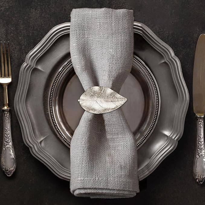 Decozen Set of 16 Silver Napkin Rings in Leaf Design, Festive, Table Decor Setting for Holiday, Wedding, Birthday, Kitchen, Home Decor, Housewarming Gift - Mothers Day Decorations