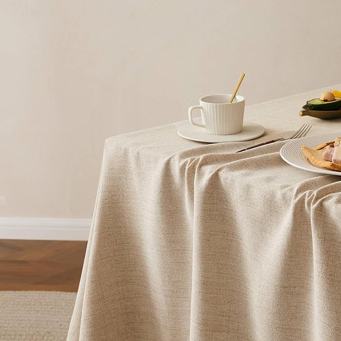 Linen Tablecloth with Tassels, Farmhouse Style Beige Tablecloth, Water Resistant Burlap Tablecloths for Round Table, 60 Inch Round Natural