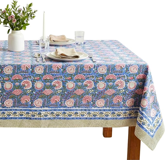 ATOSII Clover Pink 100% Cotton Rectangle Boho Fall Tablecloth, Handblock Floral Table Cloth Linen for Kitchen Dining I Parties Wedding Outdoors Christmas Thanksgiving I 72 X 120 Inches I 10 Seater